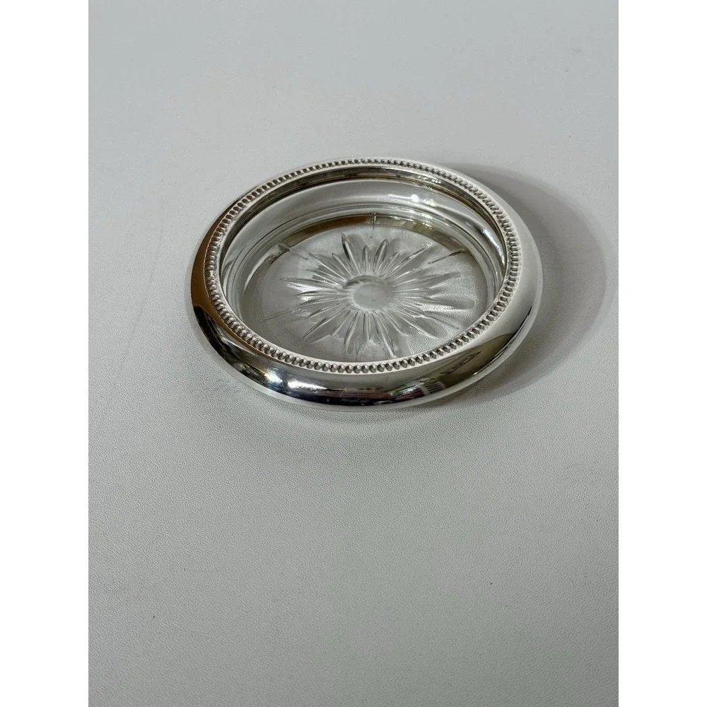 Vintage Leonard Crystal and Silver Plate Coaster‎ Ashtray Set of 4 Italy In Box